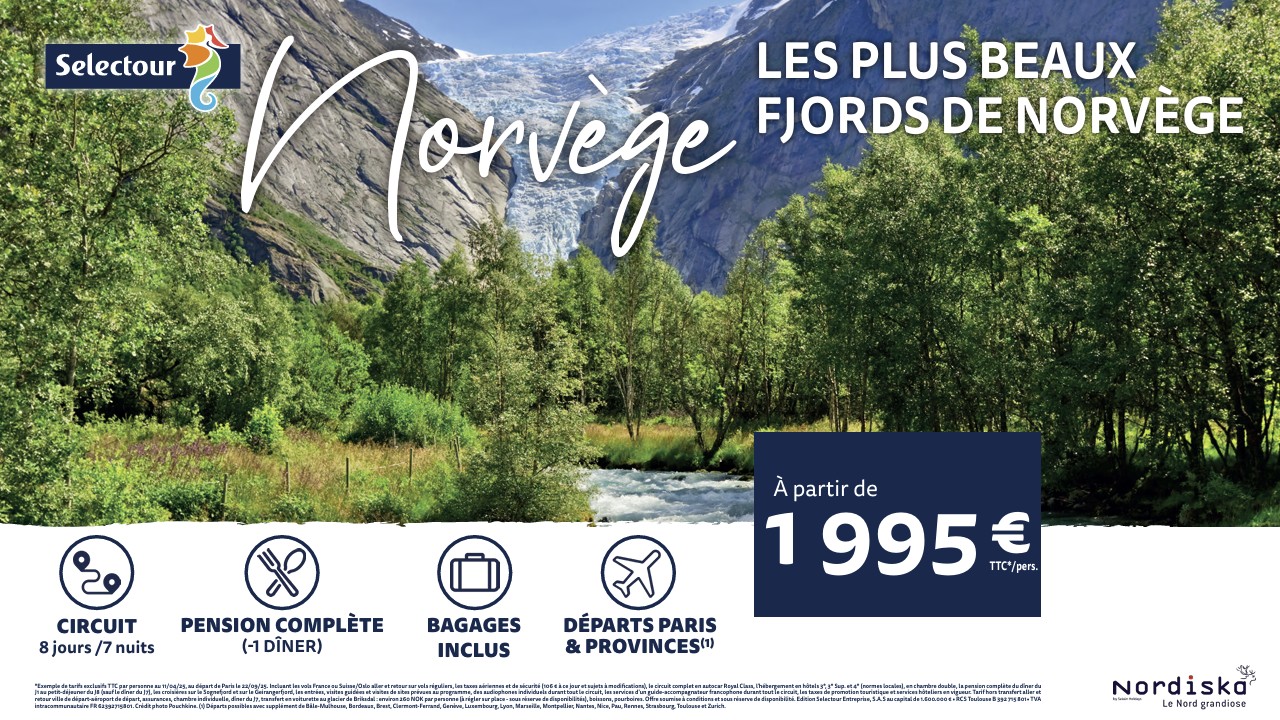 NORVÈGE LES PLUS BEAUX FJORDS DE NORVÈGE  Circuit 8 jours/7 nuits à partir de 1 995 € ttc/pers., en pension complète (-1 dîner), au départ de Paris le 22/09/25, bagage inclus.