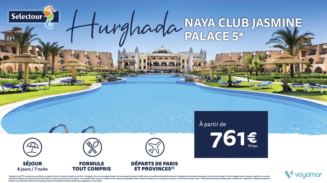 HURGHADA Naya Club Jasmine Palace 5*     Séjour 8 jours/7 nuits, à partir de 761€ ttc/pers., en formule tout compris, au départ de Paris le 12/05/26.